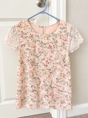 Pink Floral Lace-Sleeve Blouse – Size S